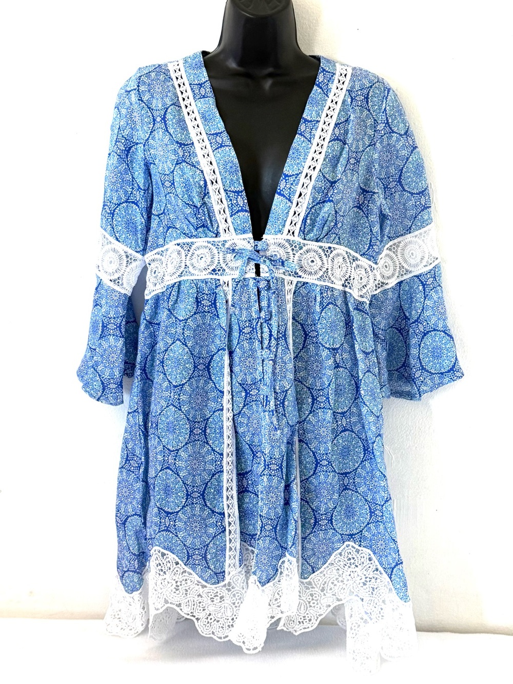 Temptations Positano Blue Patterned Boho Top with White Trim